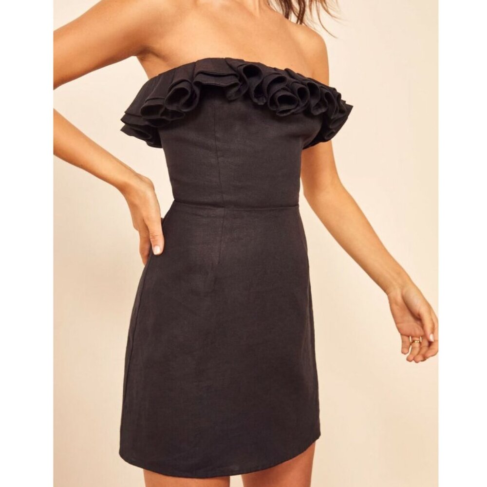 Reformation Black Reef Ruffle Strapless Linen A-Line Dress
